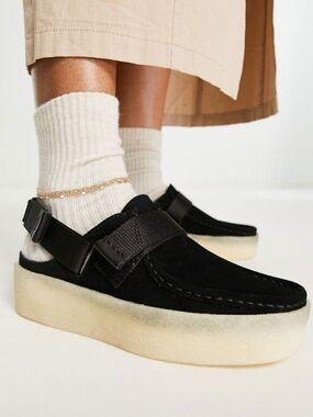 Clarks Originals Wallabee cupsole slingback sandal black suede, women US6.5/EU37